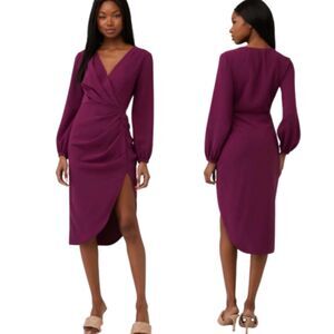 Amanda Uprichard Purple Roma Dress Ruched Long Sleeve Faux Wrap Midi XL